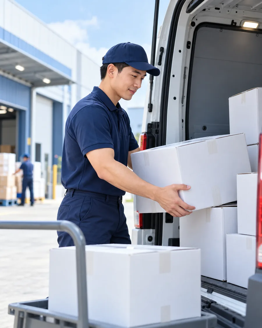 Nhân viên giao nhận xếp thùng hàng lên xe